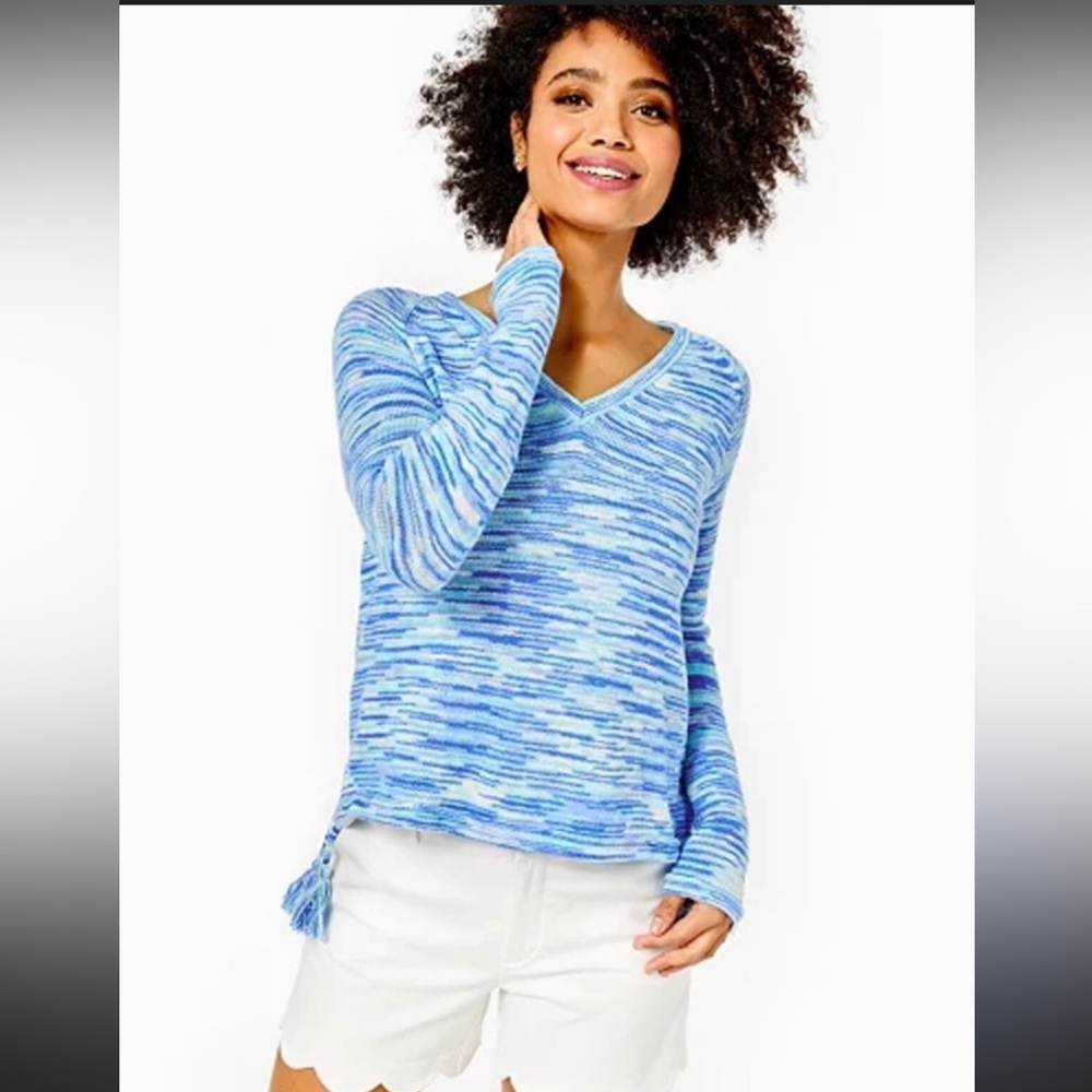 Lilly Pulitzer Jody V-Neck sweater XS Blue Peri high tide‎ Space dye color-way